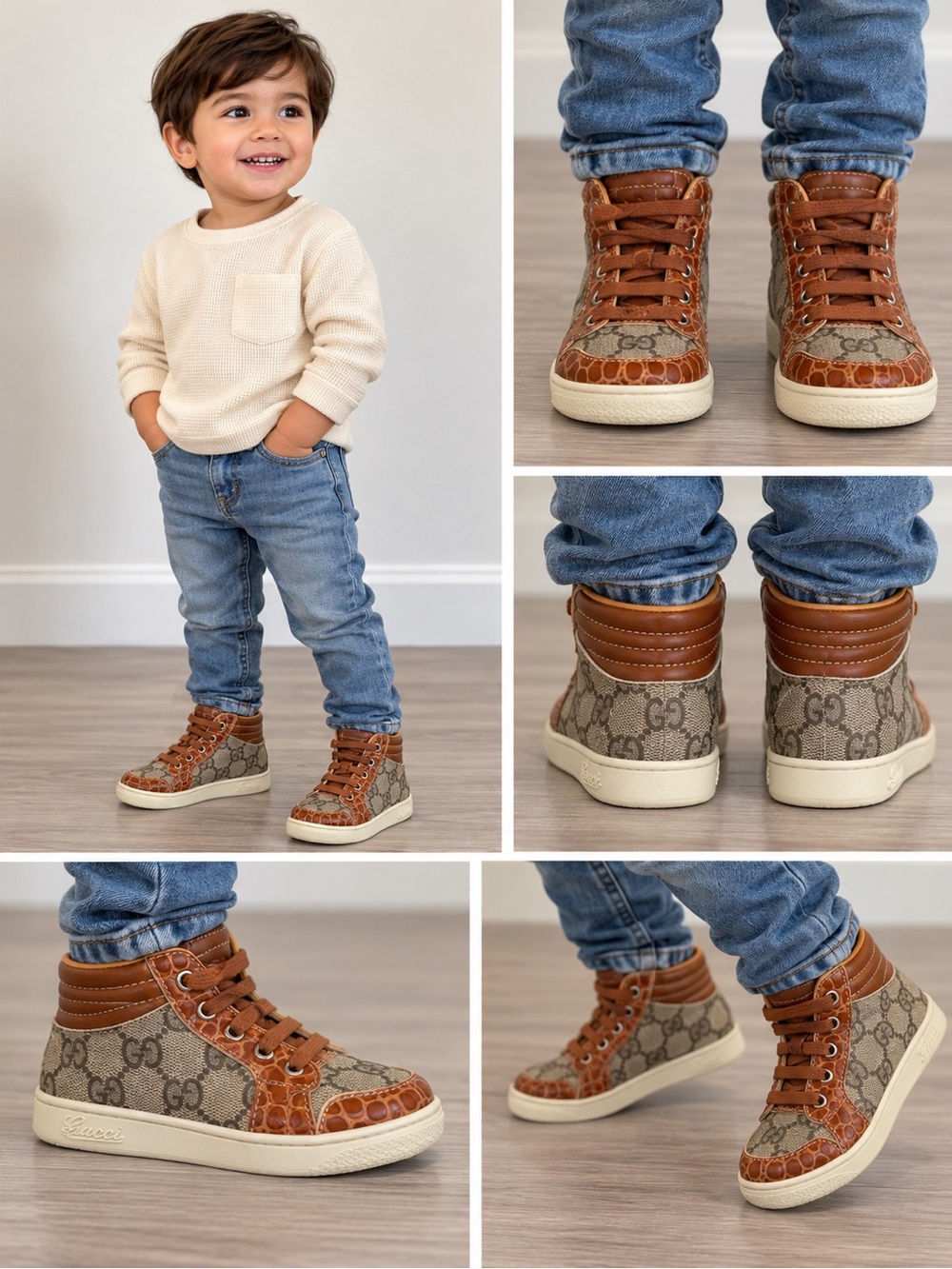 Gucci Kids Brown Monogram High-Top Sneakers with Tan Leather Trim